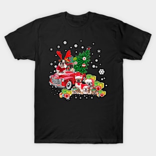 Bulldog Riding Red Truck Xmas Merry Christmas T-Shirt
